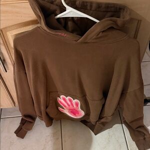 Brown Hoodie with Pink Handprint Design emrzzz rare embroidered